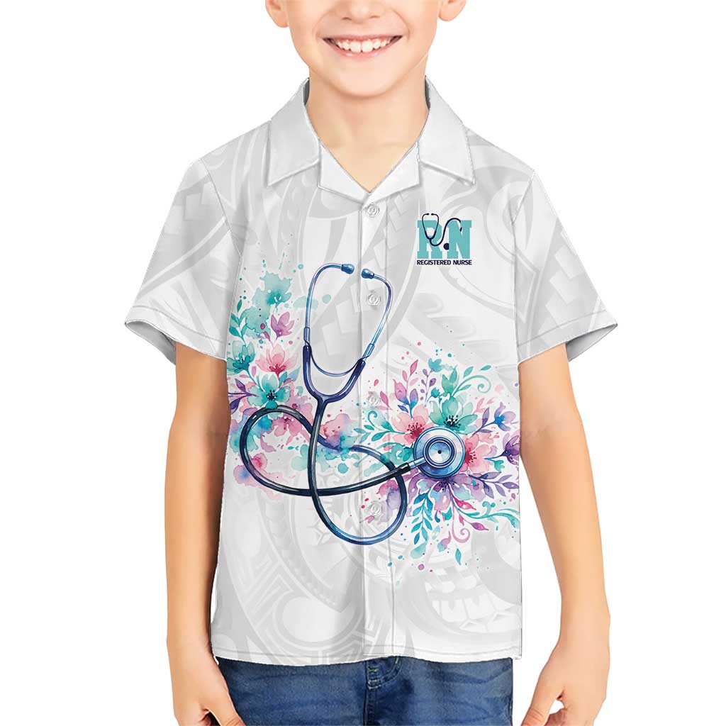 New Zealand Nurses RN Personalised Family Matching Summer Maxi Dress and Hawaiian Shirt Stethoscope Floral Maori Motif LT9 Son's Shirt White - Polynesian Pride
