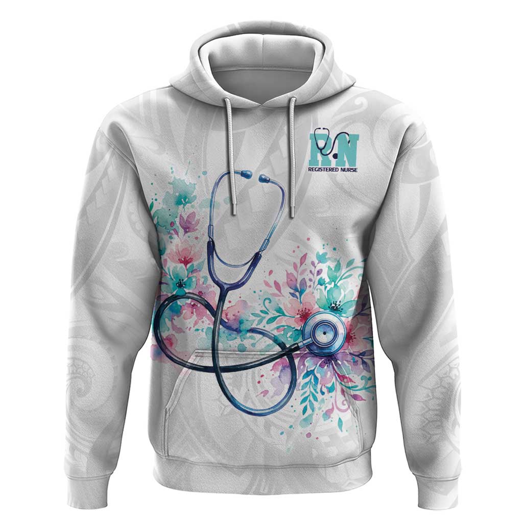 New Zealand Nurses RN Personalised Hoodie Stethoscope Floral Maori Motif LT9 Pullover Hoodie White - Polynesian Pride