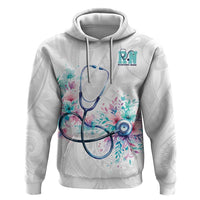 New Zealand Nurses RN Personalised Hoodie Stethoscope Floral Maori Motif LT9 Pullover Hoodie White - Polynesian Pride