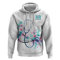 New Zealand Nurses RN Personalised Hoodie Stethoscope Floral Maori Motif LT9 Zip Hoodie White - Polynesian Pride