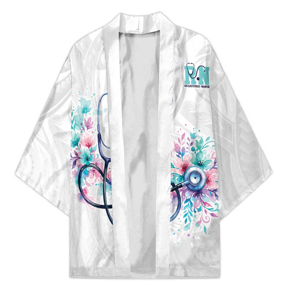 New Zealand Nurses RN Personalised Kimono Stethoscope Floral Maori Motif LT9 Unisex White - Polynesian Pride
