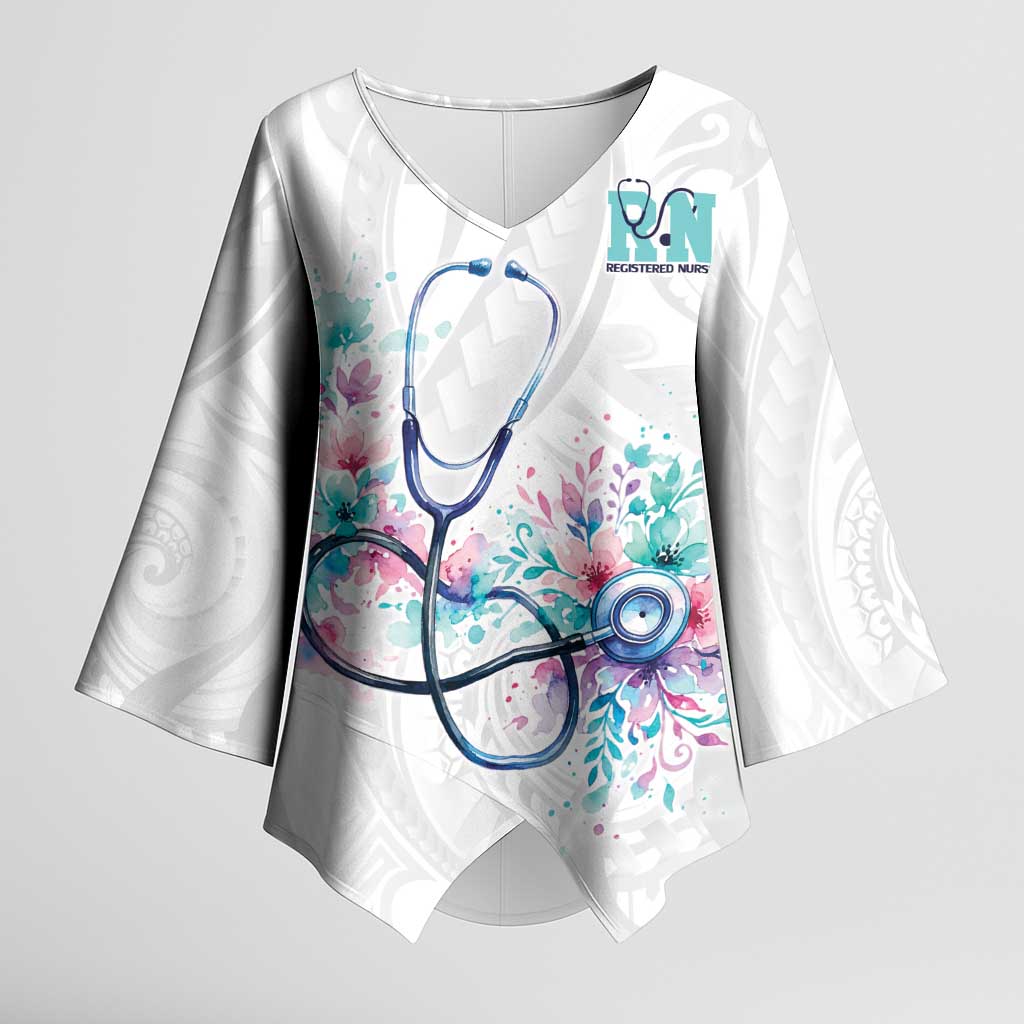 New Zealand Nurses RN Personalised Kimono Sleeve Blouse Stethoscope Floral Maori Motif LT9 Female White - Polynesian Pride