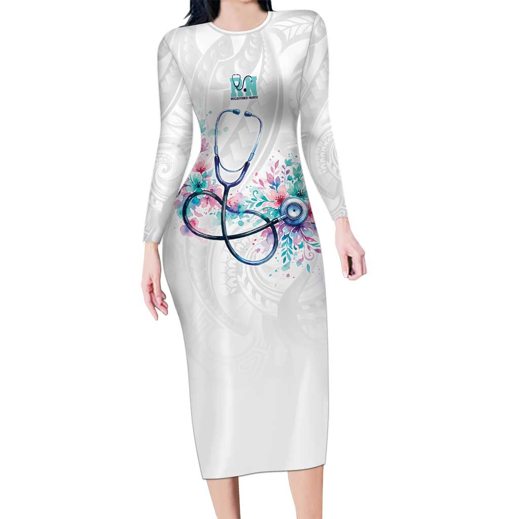 New Zealand Nurses RN Personalised Long Sleeve Bodycon Dress Stethoscope Floral Maori Motif