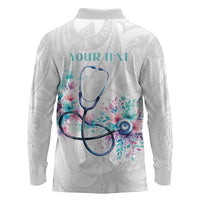 New Zealand Nurses RN Personalised Long Sleeve Polo Shirt Stethoscope Floral Maori Motif