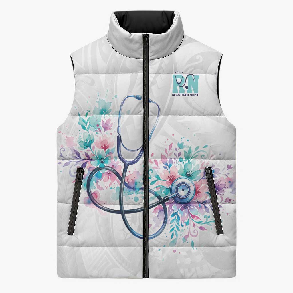 New Zealand Nurses RN Personalised Sleeveless Puffer Jacket Stethoscope Floral Maori Motif