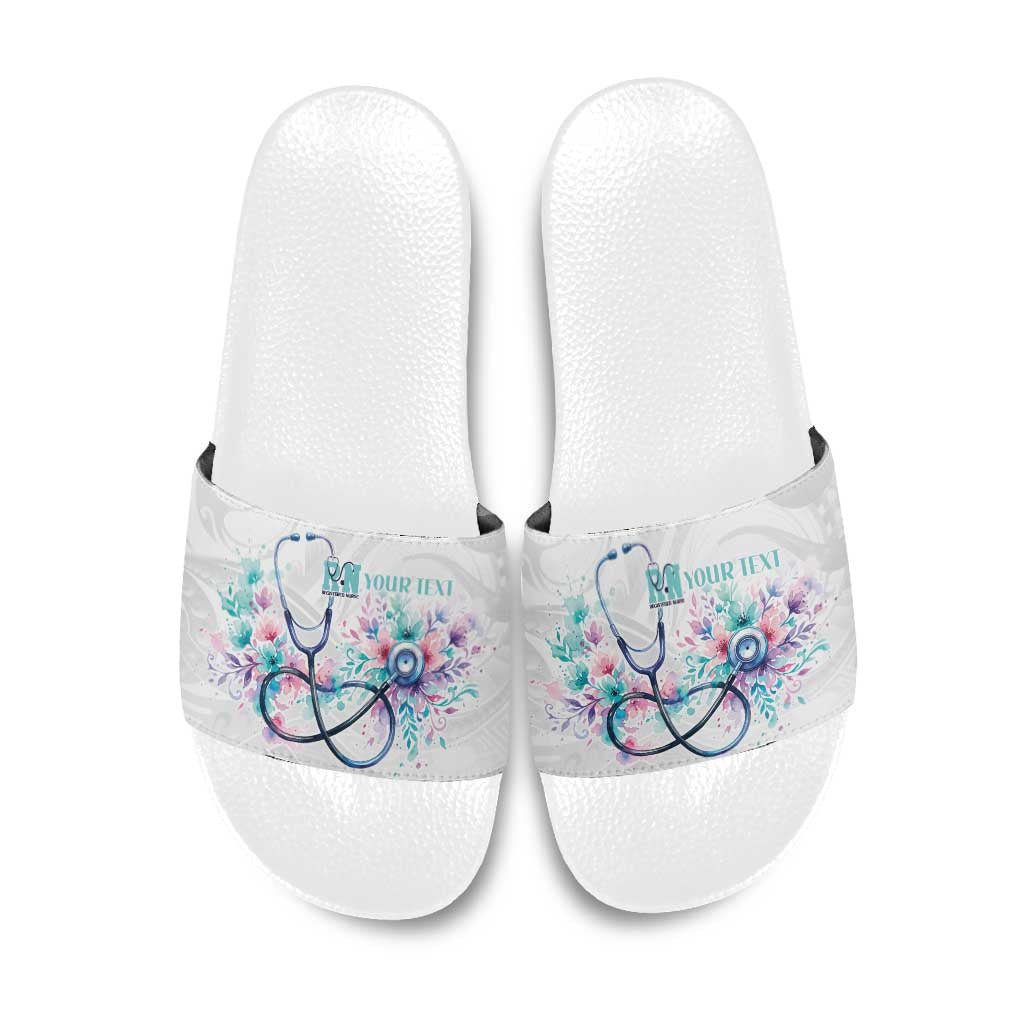 New Zealand Nurses RN Personalised Slide Sandals Stethoscope Floral Maori Motif