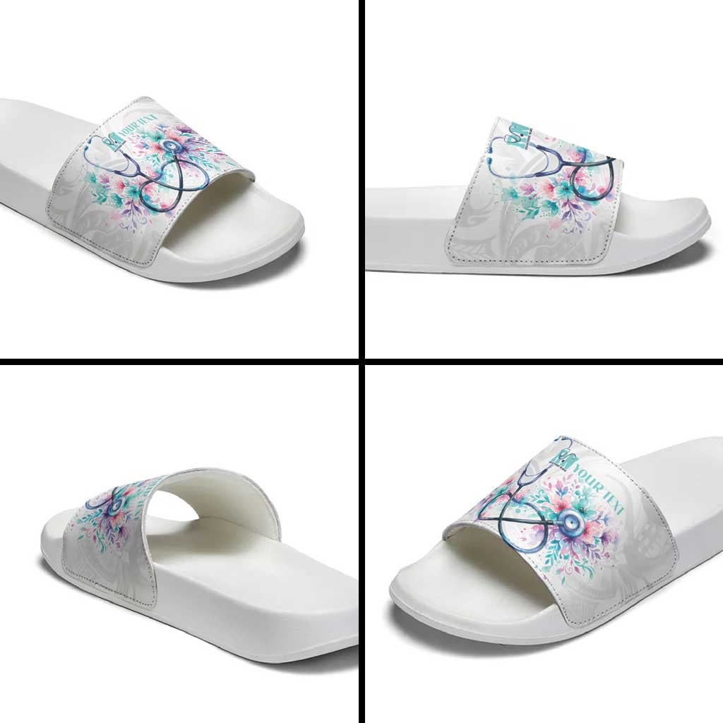 New Zealand Nurses RN Personalised Slide Sandals Stethoscope Floral Maori Motif
