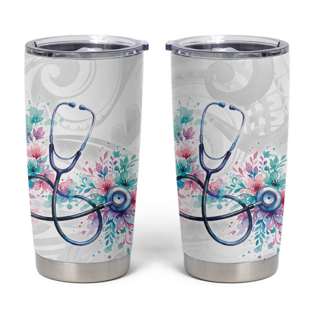 New Zealand Nurses RN Personalised Tumbler Cup Stethoscope Floral Maori Motif LT9 White - Polynesian Pride