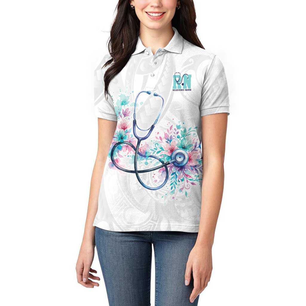 New Zealand Nurses RN Personalised Women Polo Shirt Stethoscope Floral Maori Motif