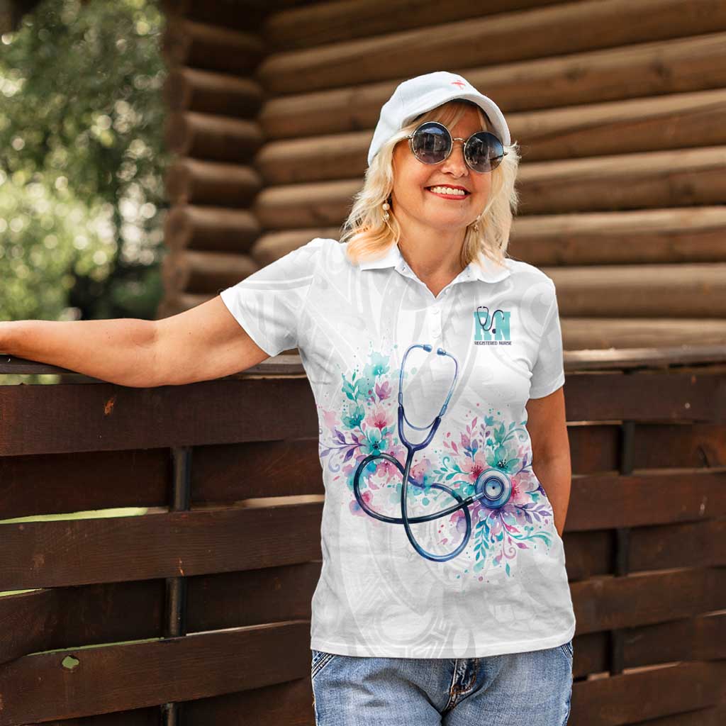 New Zealand Nurses RN Personalised Women Polo Shirt Stethoscope Floral Maori Motif
