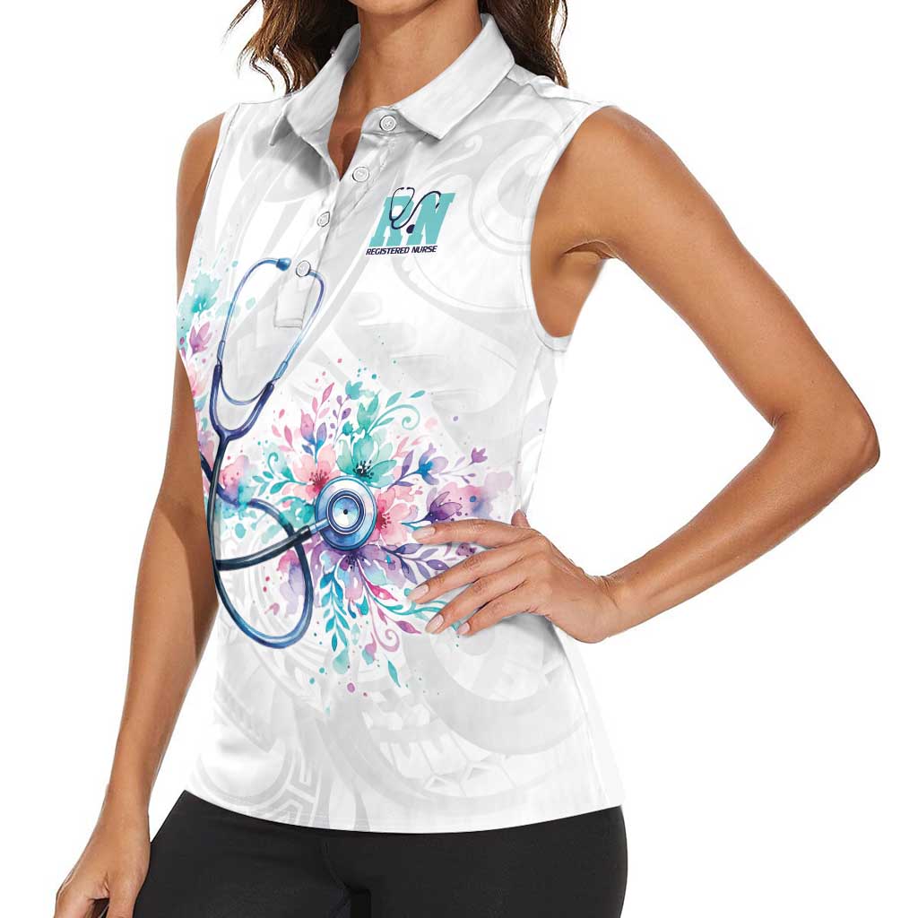 New Zealand Nurses RN Personalised Women Sleeveless Polo Shirt Stethoscope Floral Maori Motif