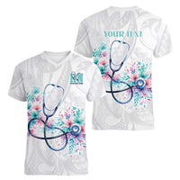 New Zealand Nurses RN Personalised Women V-Neck T-Shirt Stethoscope Floral Maori Motif