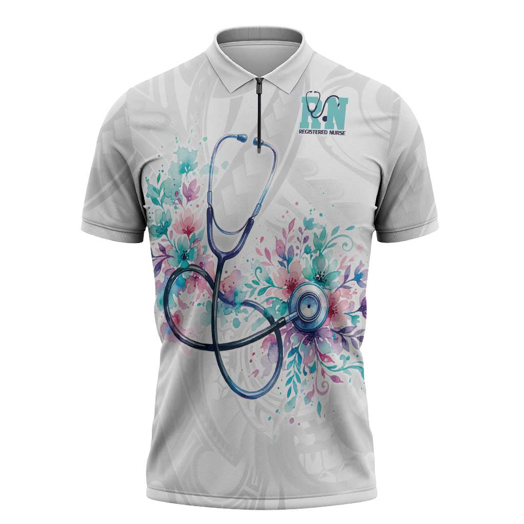 New Zealand Nurses RN Personalised Zipper Polo Shirt Stethoscope Floral Maori Motif