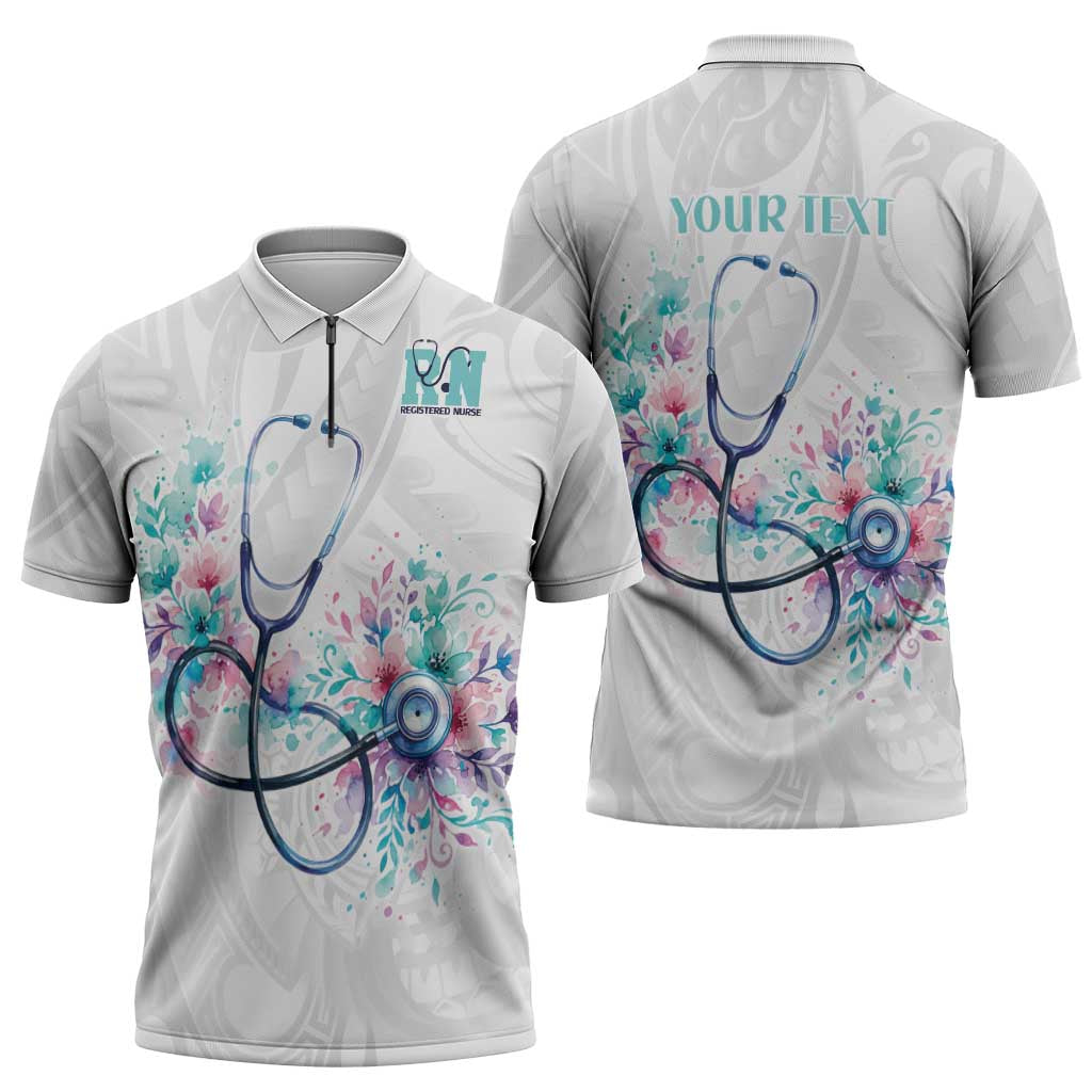 New Zealand Nurses RN Personalised Zipper Polo Shirt Stethoscope Floral Maori Motif