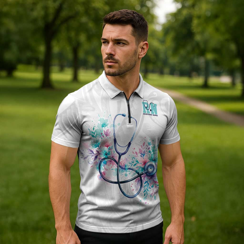 New Zealand Nurses RN Personalised Zipper Polo Shirt Stethoscope Floral Maori Motif