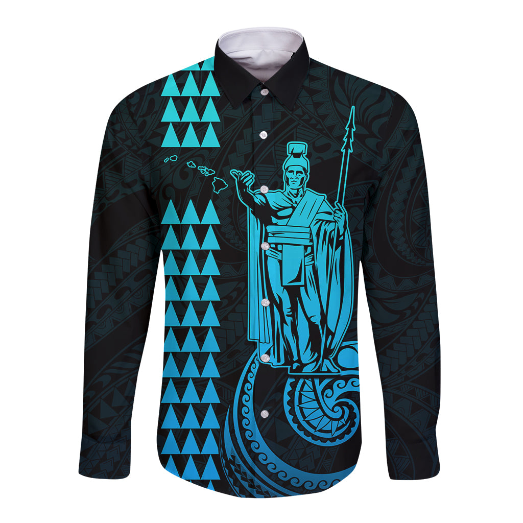 Custom Hawaii Long Sleeve Button Shirt King Kamehameha - Aqua LT9 Unisex Aqua - Polynesian Pride