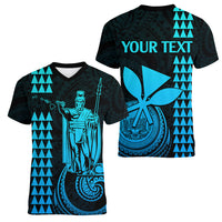 Custom Hawaii Women V Neck T Shirt King Kamehameha - Aqua LT9 - Polynesian Pride