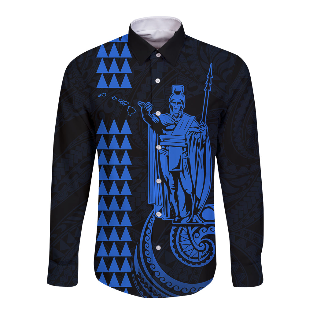 Custom Hawaii Long Sleeve Button Shirt King Kamehameha - Blue LT9 Unisex Blue - Polynesian Pride