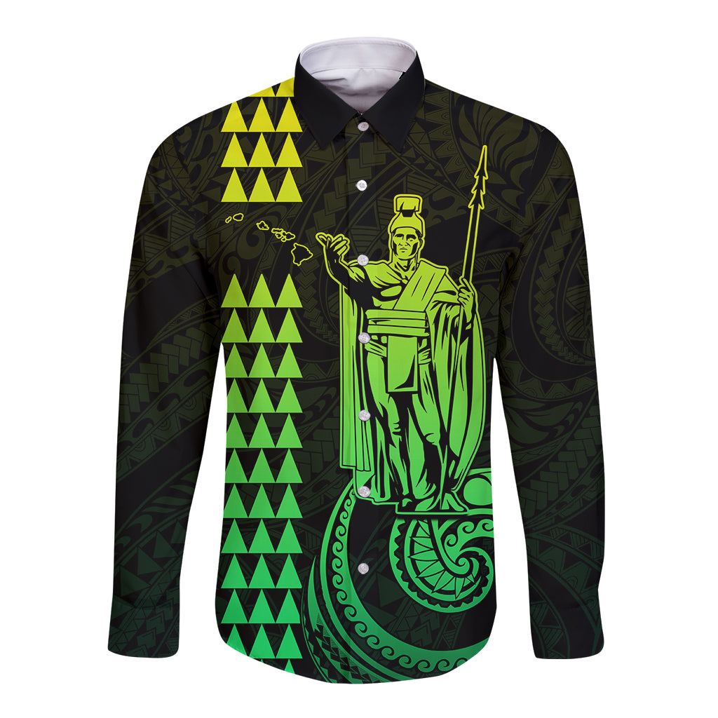 Custom Hawaii Long Sleeve Button Shirt King Kamehameha - Lime LT9 Unisex Lime - Polynesian Pride