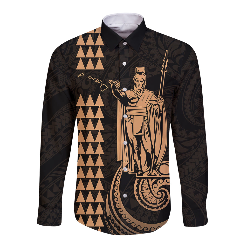 Custom Hawaii Long Sleeve Button Shirt King Kamehameha - Nude LT9 Unisex Nude - Polynesian Pride