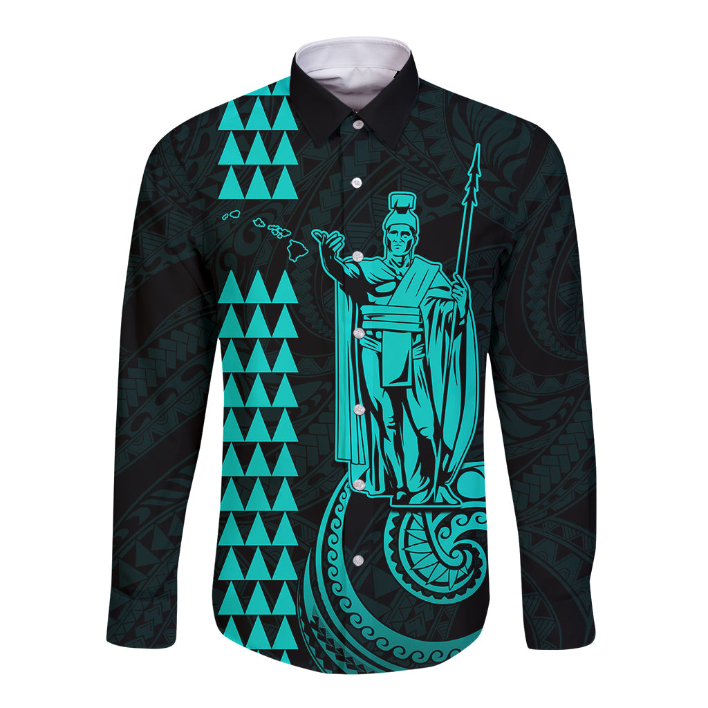 Custom Hawaii Long Sleeve Button Shirt King Kamehameha - Turquoise LT9 Unisex Turquoise - Polynesian Pride