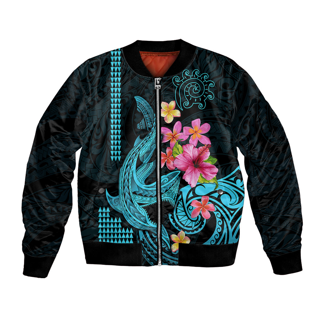 Custom Polynesian Bomber Jacket Hawaiian Warriors with Tribal Shark Tattoos - Blue LT9 Unisex Blue - Polynesian Pride