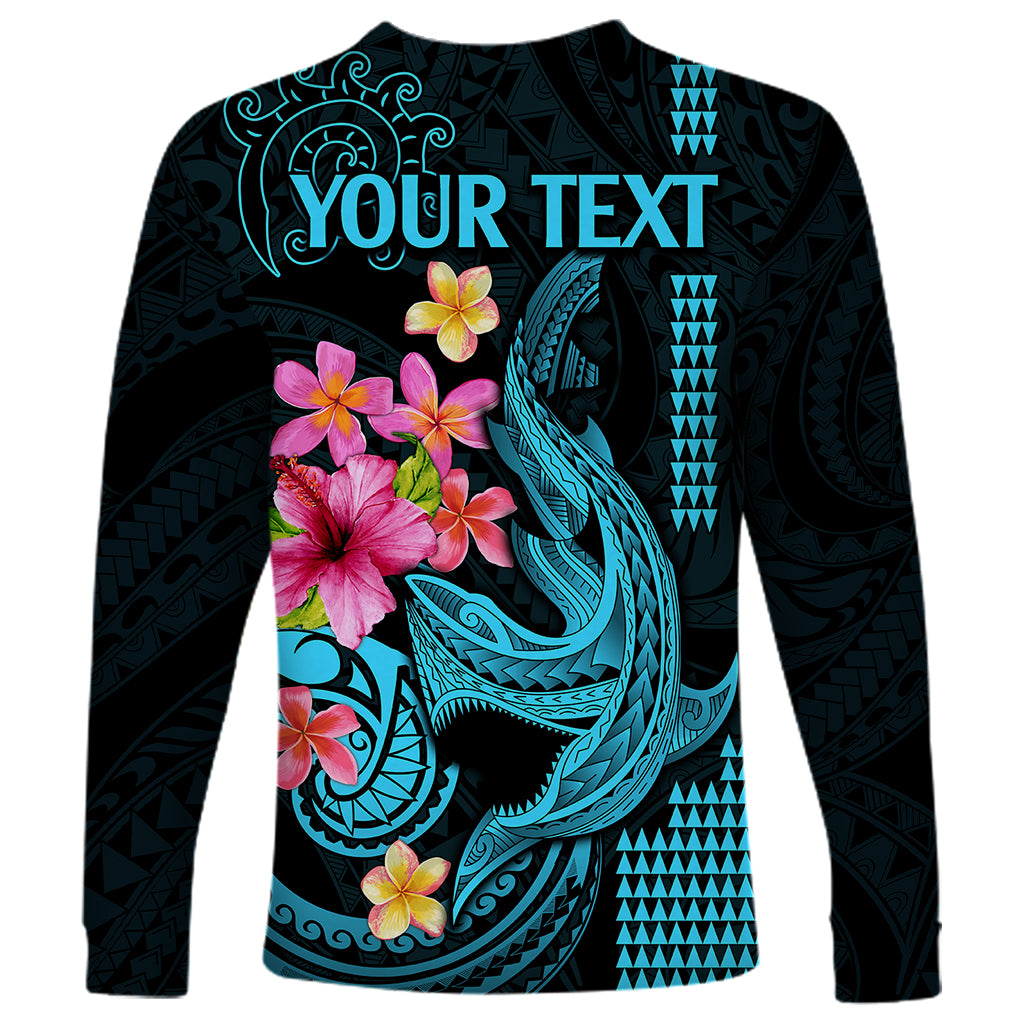 Custom Polynesian Long Sleeve Shirt Hawaiian Warriors with Tribal Shark Tattoos - Blue LT9 - Polynesian Pride