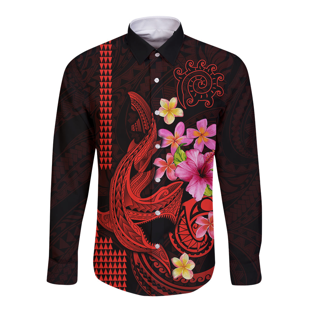 Custom Polynesian Long Sleeve Button Shirt Hawaiian Warriors with Tribal Shark Tattoos - Red LT9 Unisex Red - Polynesian Pride