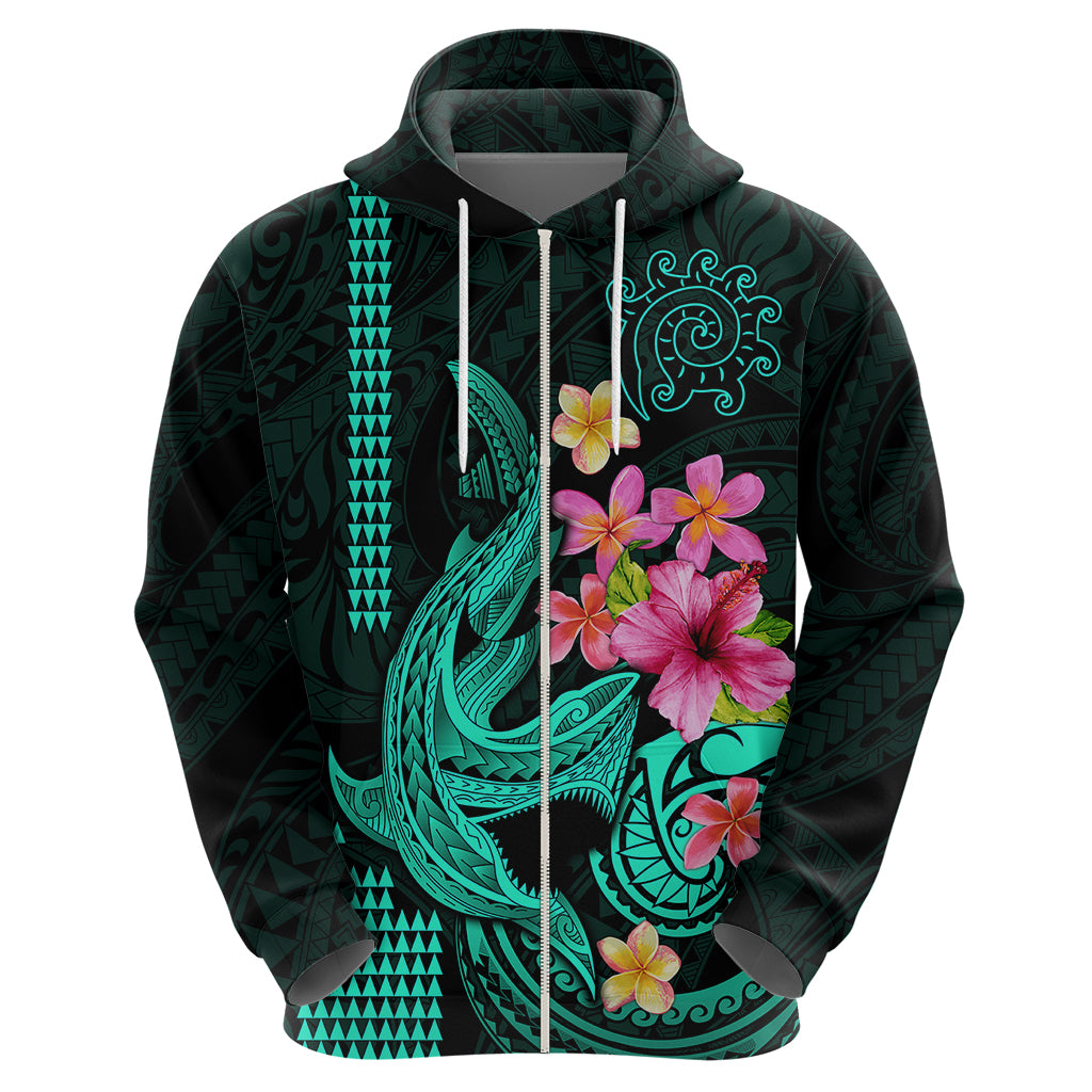 Custom Polynesian Hoodie Hawaiian Warriors with Tribal Shark Tattoos Turquoise LT9 - Polynesian Pride