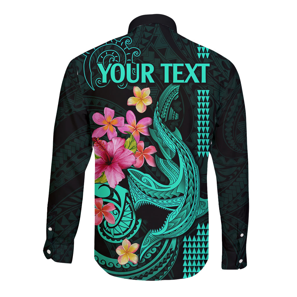 Custom Polynesian Long Sleeve Button Shirt Hawaiian Warriors with Tribal Shark Tattoos - Turquoise LT9 - Polynesian Pride