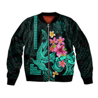 Custom Polynesian Sleeve Zip Bomber Jacket Hawaiian Warriors with Tribal Shark Tattoos - Turquoise LT9 Unisex Turquoise - Polynesian Pride