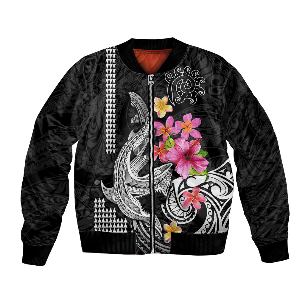 Custom Polynesian Bomber Jacket Hawaiian Warriors with Tribal Shark Tattoos - White LT9 Unisex White - Polynesian Pride