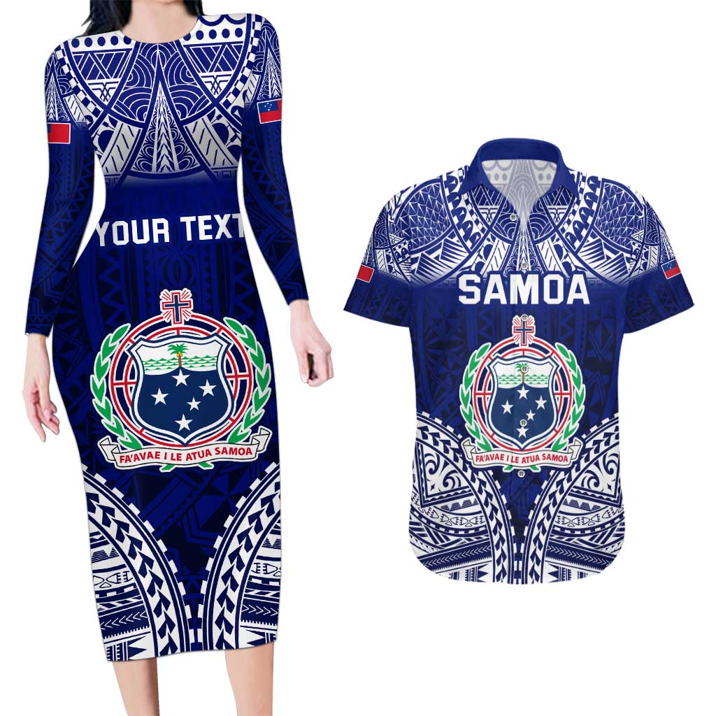 Personalised Samoa Coat Of Arms Couples Matching Long Sleeve Bodycon Dress and Hawaiian Shirt With Polynesian Pattern Version