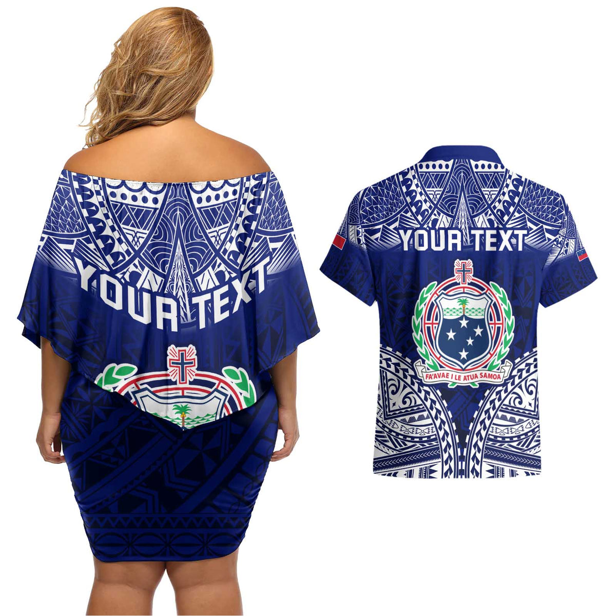 Personalised Samoa Coat Of Arms Couples Matching Off Shoulder Short Dress and Hawaiian Shirt With Polynesian Pattern Version