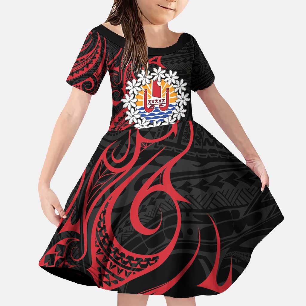 Tahitian Coat Of Arm and Tiare Flower Family Matching Long Sleeve Bodycon Dress and Hawaiian Shirt Polynesian Tribal Tattoo LT9 Daughter's Dress Black - Polynesian Pride