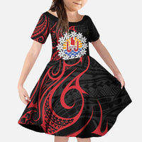 Tahitian Coat Of Arm and Tiare Flower Family Matching Long Sleeve Bodycon Dress and Hawaiian Shirt Polynesian Tribal Tattoo LT9 Daughter's Dress Black - Polynesian Pride