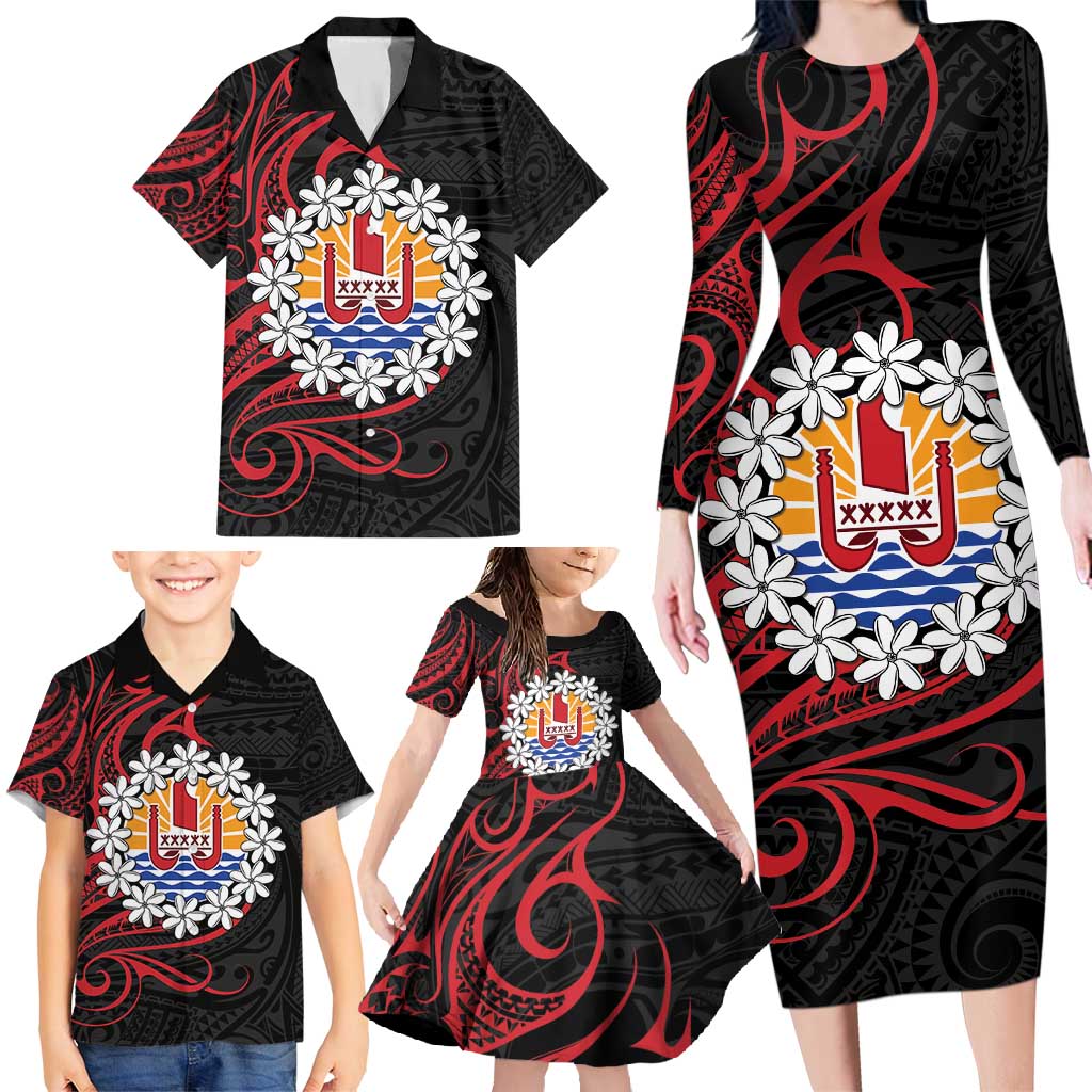 Tahitian Coat Of Arm and Tiare Flower Family Matching Long Sleeve Bodycon Dress and Hawaiian Shirt Polynesian Tribal Tattoo LT9 - Polynesian Pride