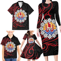 Tahitian Coat Of Arm and Tiare Flower Family Matching Long Sleeve Bodycon Dress and Hawaiian Shirt Polynesian Tribal Tattoo LT9 - Polynesian Pride