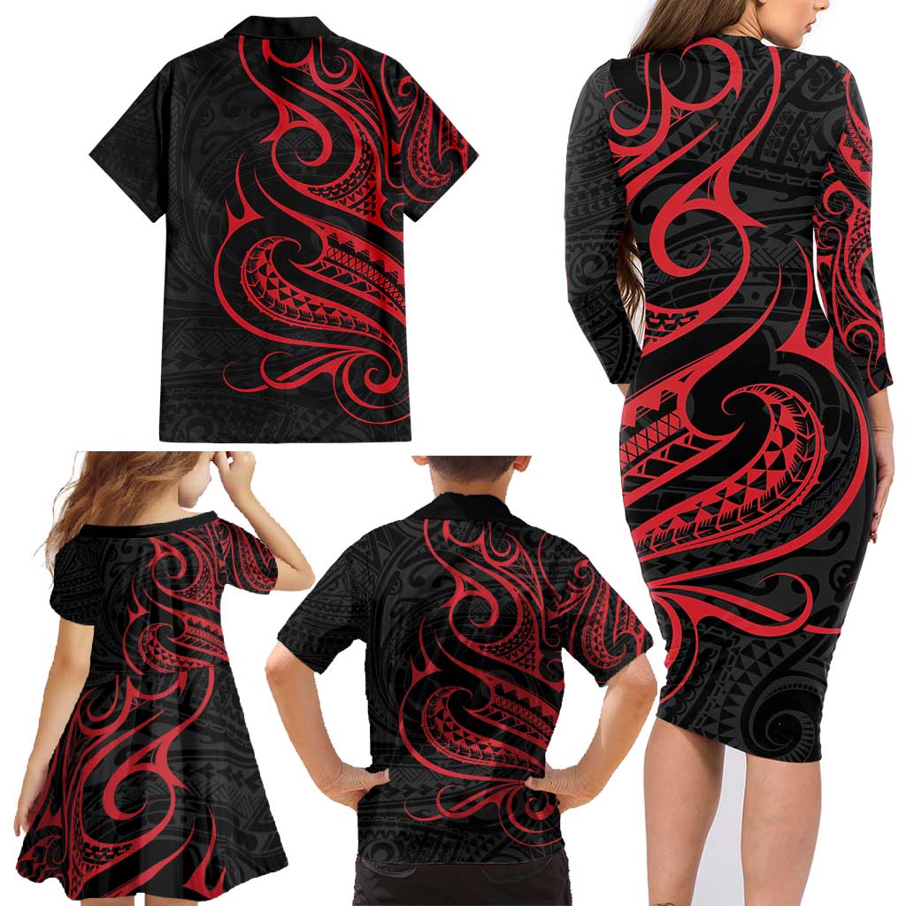 Tahitian Coat Of Arm and Tiare Flower Family Matching Long Sleeve Bodycon Dress and Hawaiian Shirt Polynesian Tribal Tattoo LT9 - Polynesian Pride