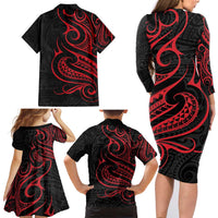 Tahitian Coat Of Arm and Tiare Flower Family Matching Long Sleeve Bodycon Dress and Hawaiian Shirt Polynesian Tribal Tattoo LT9 - Polynesian Pride