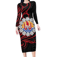 Tahitian Coat Of Arm and Tiare Flower Family Matching Long Sleeve Bodycon Dress and Hawaiian Shirt Polynesian Tribal Tattoo LT9 Mom's Dress Black - Polynesian Pride