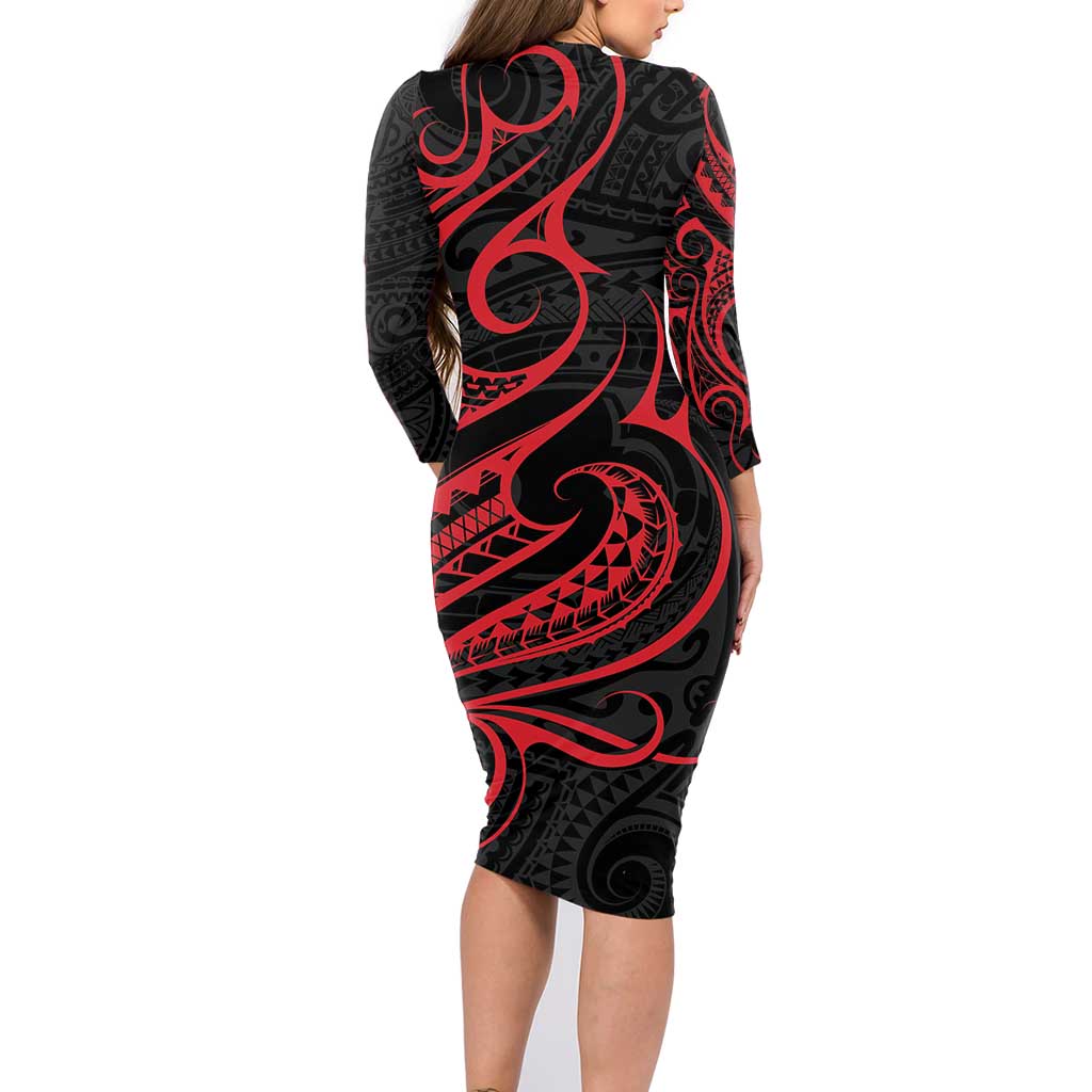 Tahitian Coat Of Arm and Tiare Flower Family Matching Long Sleeve Bodycon Dress and Hawaiian Shirt Polynesian Tribal Tattoo LT9 - Polynesian Pride