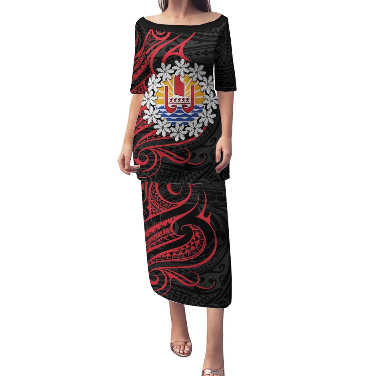 Tahitian Coat Of Arm and Tiare Flower Family Matching Puletasi and Hawaiian Shirt Polynesian Tribal Tattoo