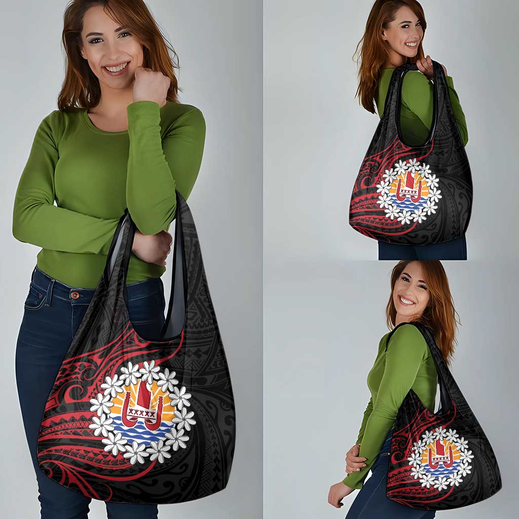 Tahitian Coat Of Arm and Tiare Flower Grocery Bag Polynesian Tribal Tattoo