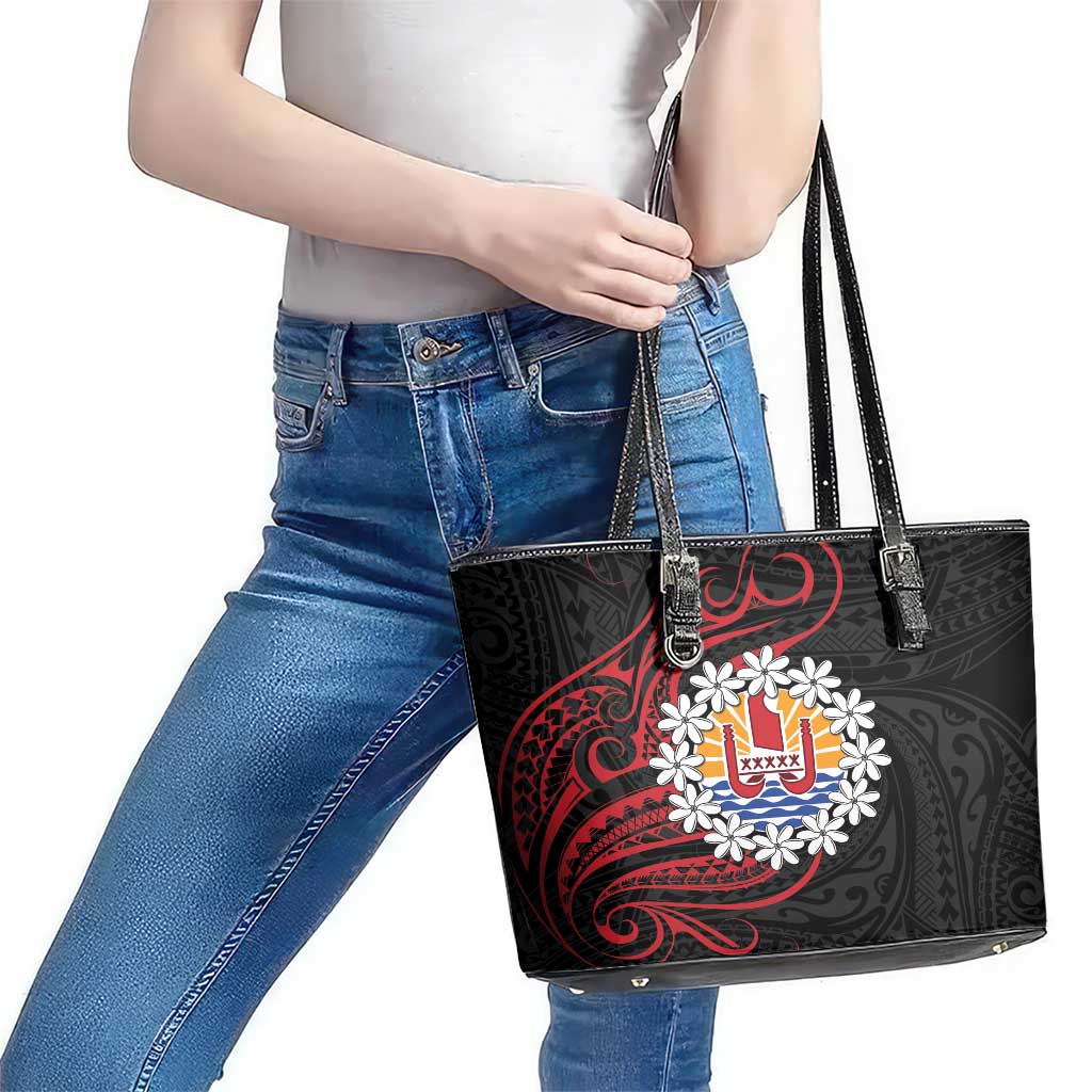Tahitian Coat Of Arm and Tiare Flower Leather Tote Bag Polynesian Tribal Tattoo