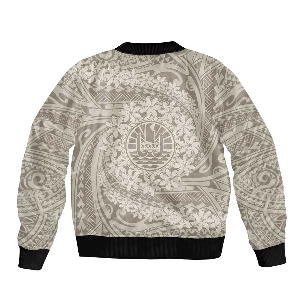 Tahitian Tiare Flower Bomber Jacket Beige Polynesian Pattern