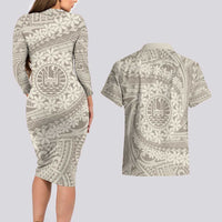 Tahitian Tiare Flower Couples Matching Long Sleeve Bodycon Dress and Hawaiian Shirt Beige Polynesian Pattern