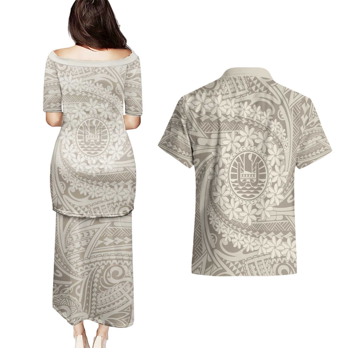Tahitian Tiare Flower Couples Matching Puletasi and Hawaiian Shirt Beige Polynesian Pattern