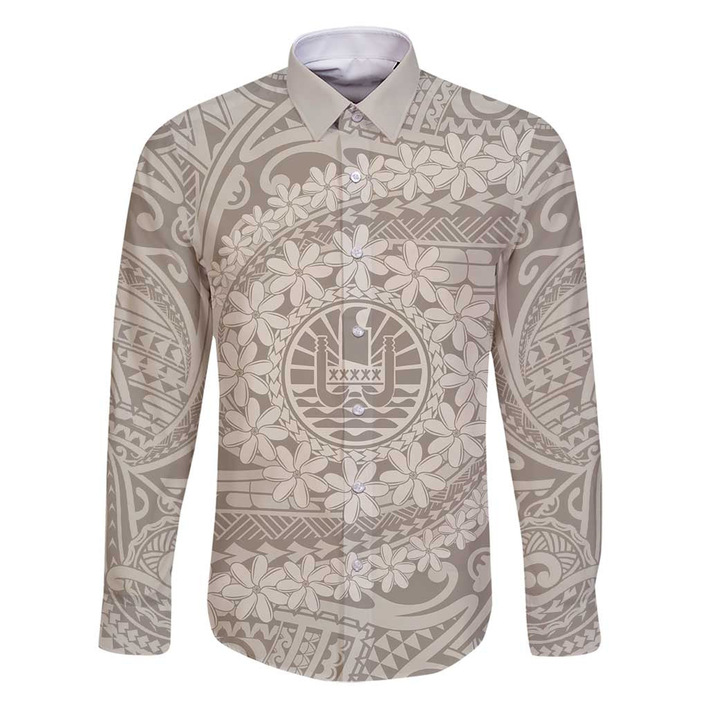 Tahitian Tiare Flower Family Matching Mermaid Dress and Hawaiian Shirt Beige Polynesian Pattern