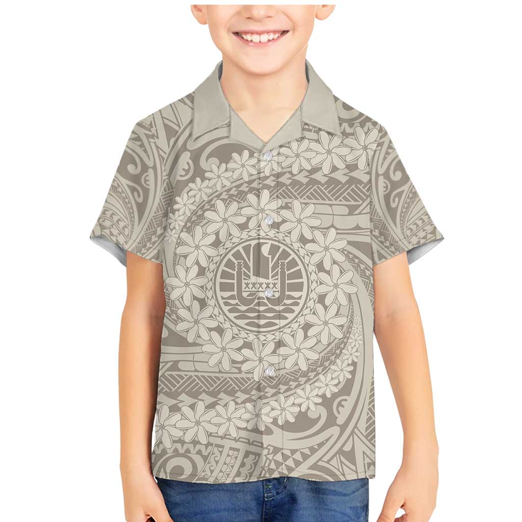 Tahitian Tiare Flower Family Matching Mermaid Dress and Hawaiian Shirt Beige Polynesian Pattern